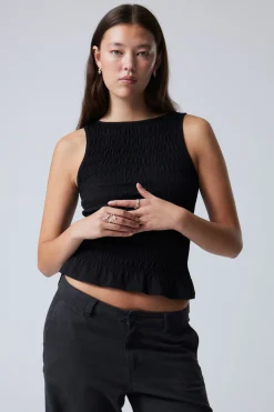 Weekday ANNIE SMOCKED BOAT-NECK TOP black New