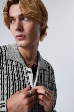 Weekday BOXY CABLE-KNIT POLO SWEATER black & white Cheap