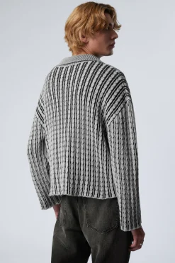 Weekday BOXY CABLE-KNIT POLO SWEATER black & white Cheap