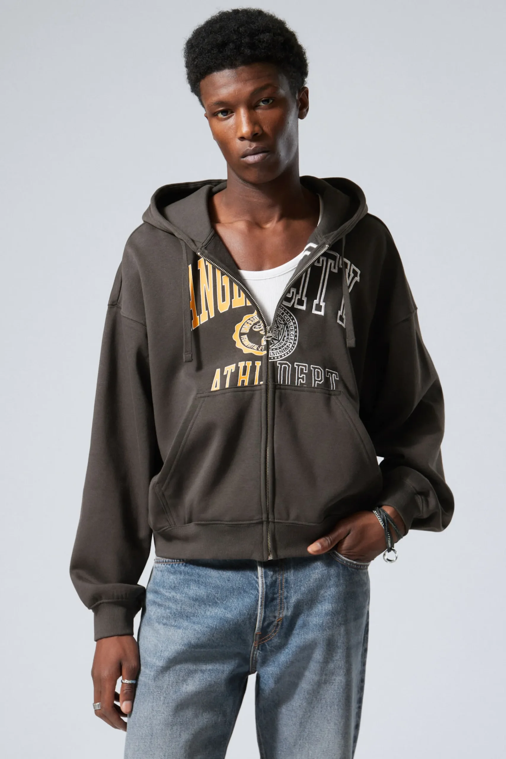 Weekday BOXY GRAPHIC ZIP HOODIE dark grey angel city Online