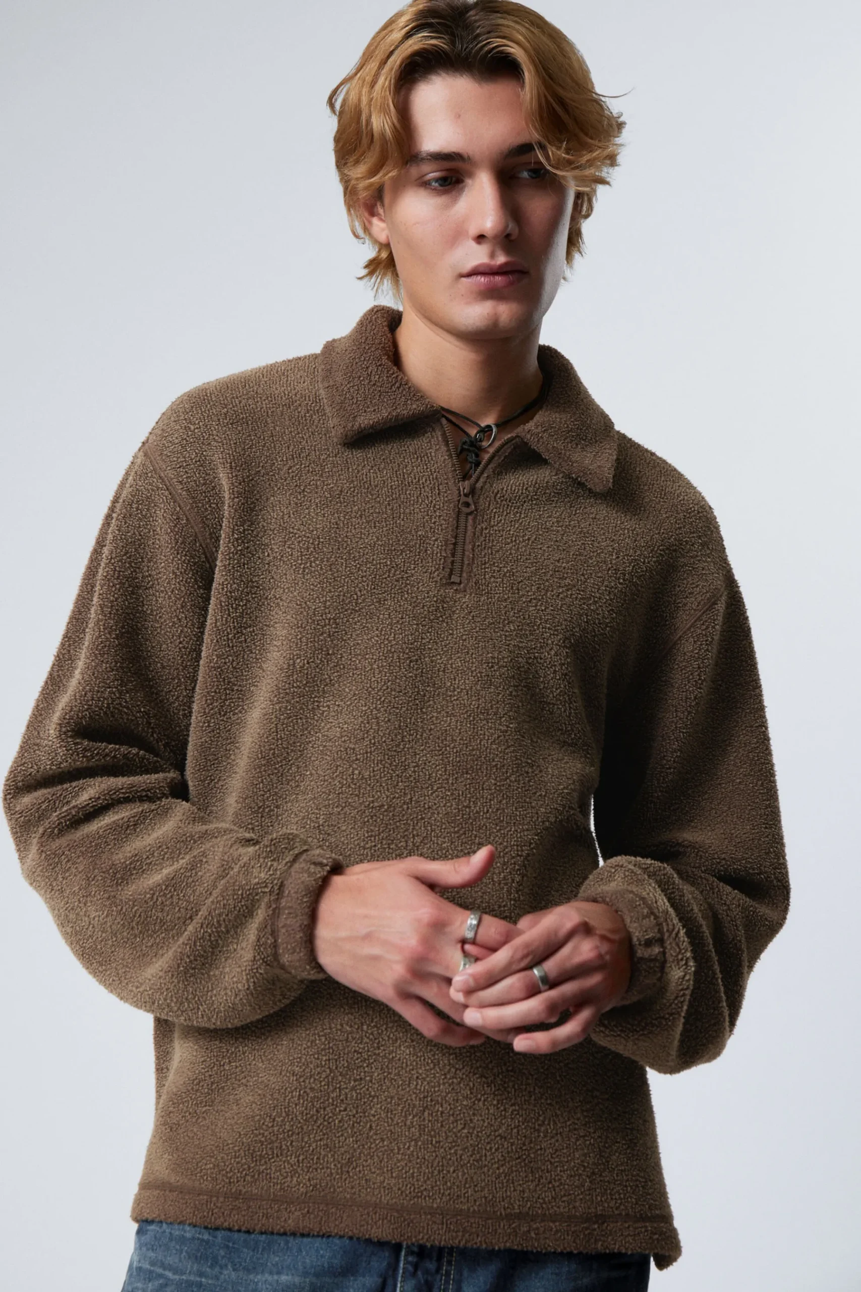 Weekday BOXY HALF-ZIP FLEECE SWEATSHIRT washed dark brown Outlet