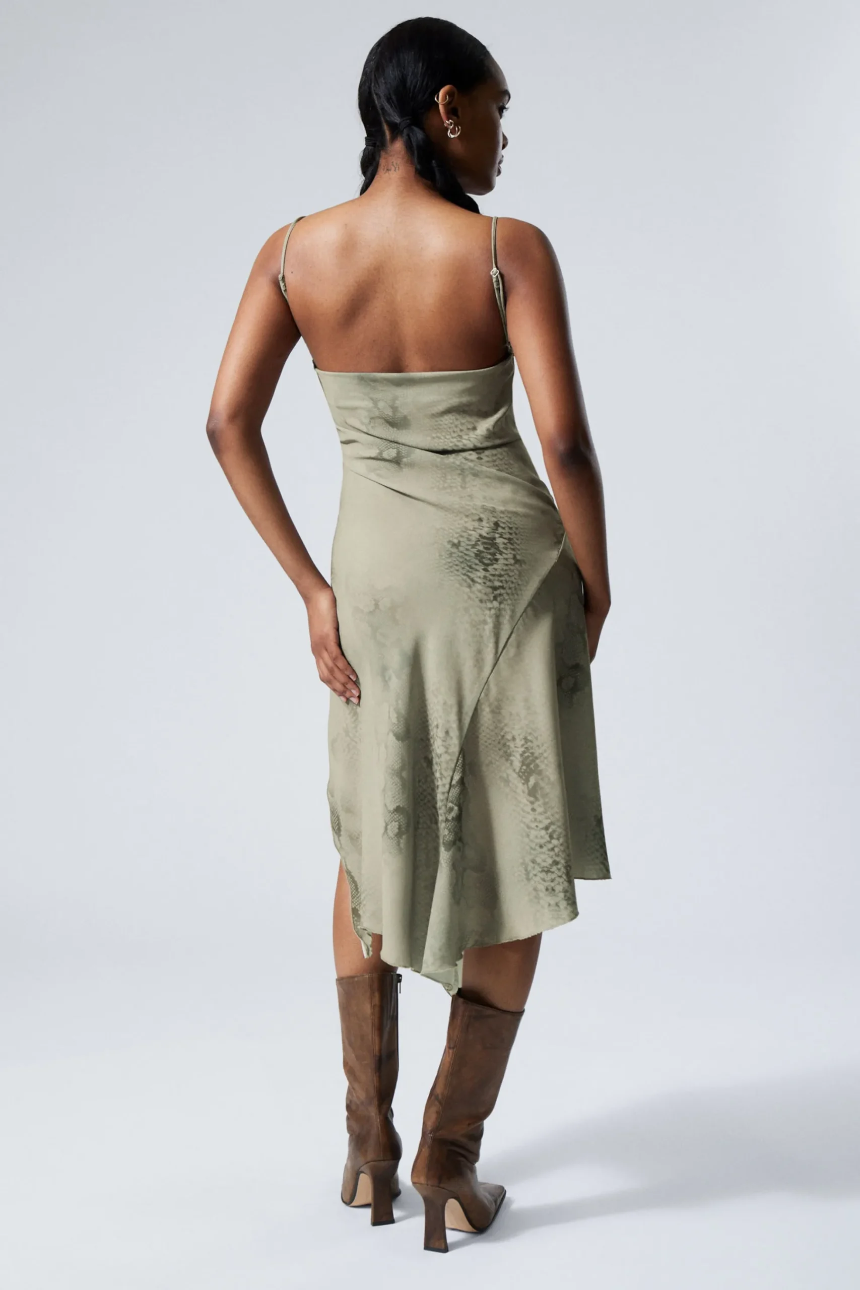 Weekday DRAPED ASYMMETRIC STRAP DRESS dusty salvia snake print Cheap
