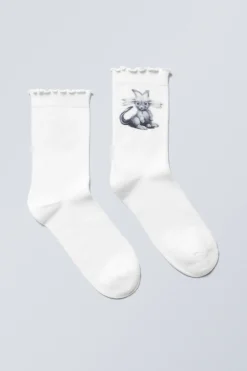 Weekday FRILLED PRINTED SOCKS white cat print Cheap