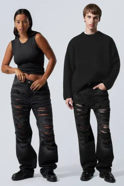 Weekday GALAXY LOOSE STRAIGHT DISTRESSED JEANS distressed black Cheap