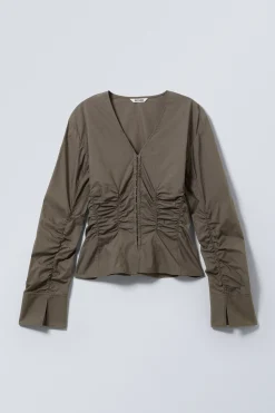 Weekday GATHERED POPLIN V-NECK SHIRT dark mole Discount