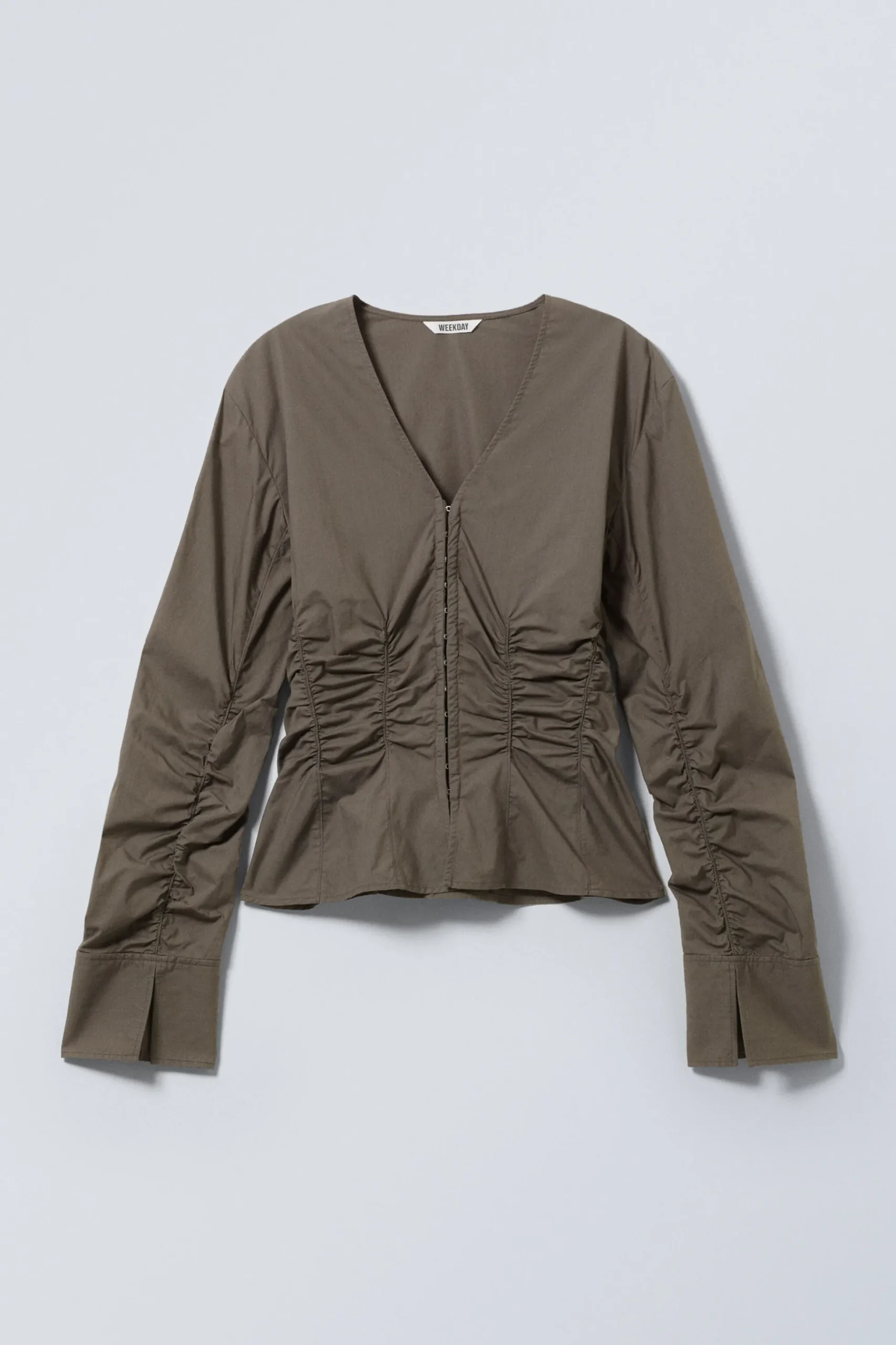 Weekday GATHERED POPLIN V-NECK SHIRT dark mole Discount