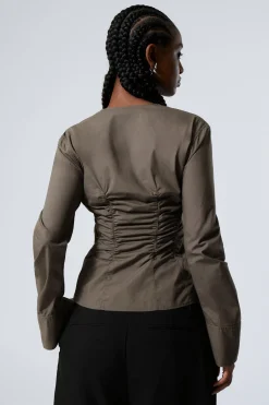 Weekday GATHERED POPLIN V-NECK SHIRT dark mole Discount