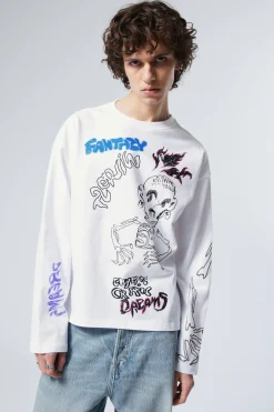 Weekday GREAT BOXY GRAPHIC LONG SLEEVE T-SHIRT white skeleton dreams Best