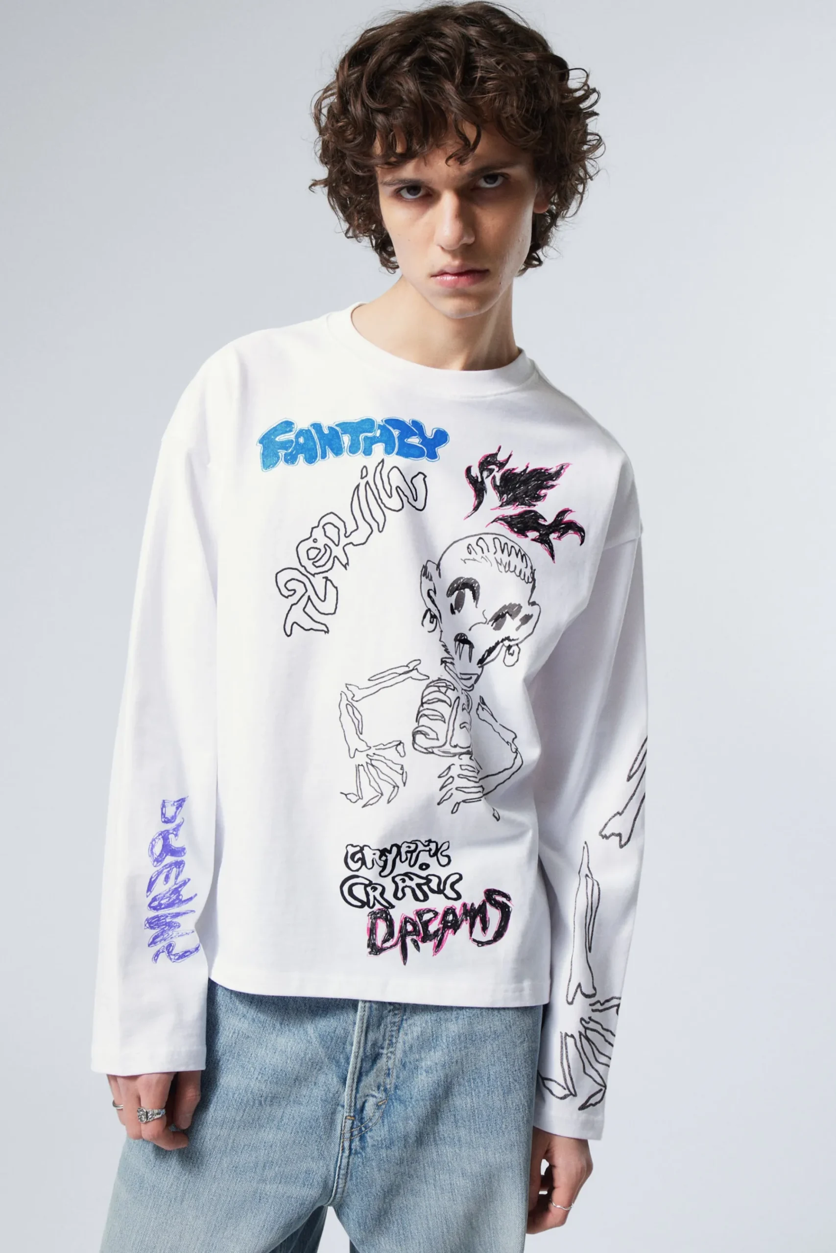 Weekday GREAT BOXY GRAPHIC LONG SLEEVE T-SHIRT white skeleton dreams Best