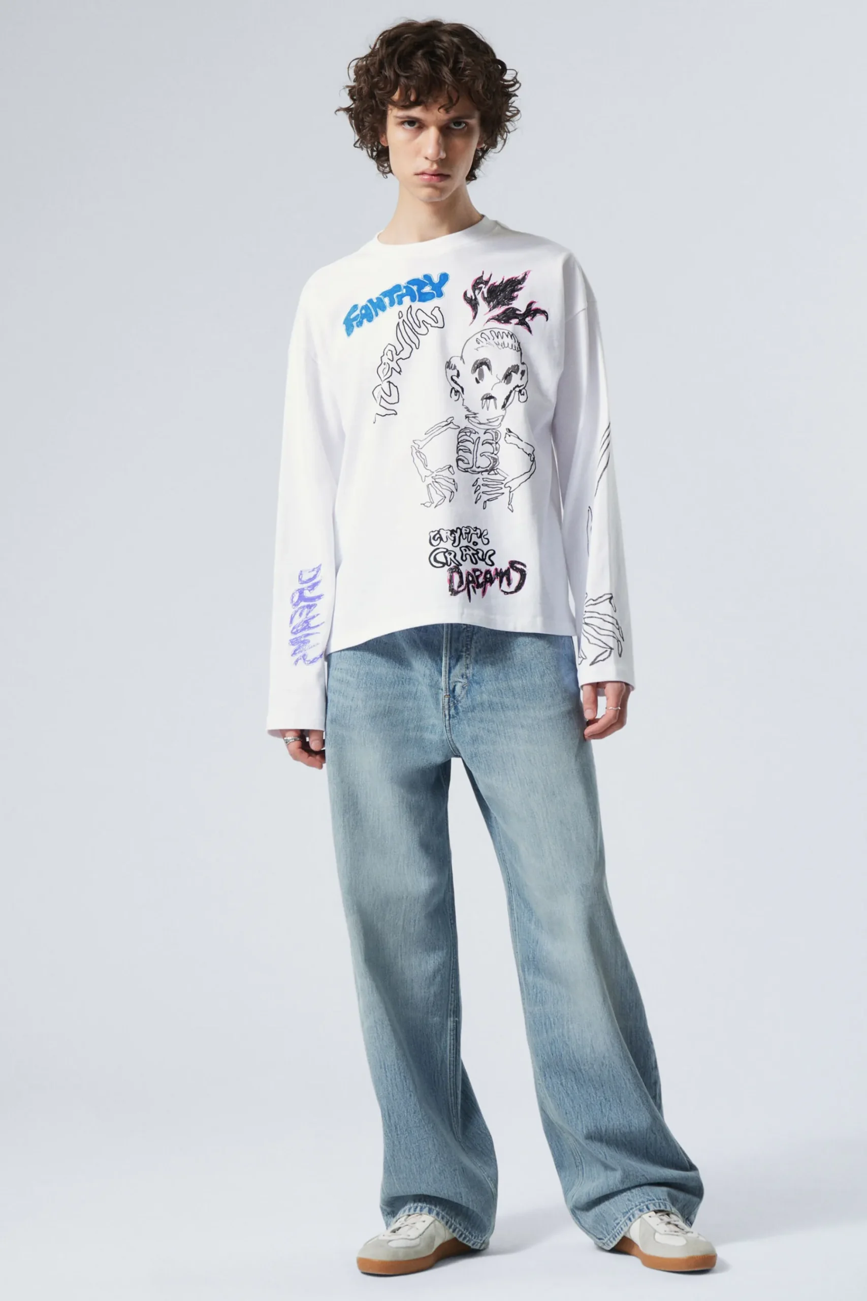 Weekday GREAT BOXY GRAPHIC LONG SLEEVE T-SHIRT white skeleton dreams Best