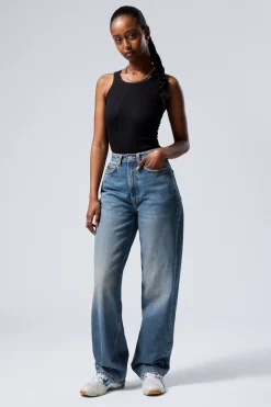 Weekday HALO CURVE HIGH WAISTED REGULAR WIDE LEG JEANS iron blue medium blue Clearance
