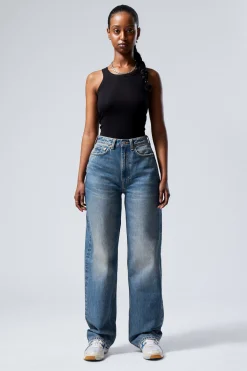 Weekday HALO CURVE HIGH WAISTED REGULAR WIDE LEG JEANS iron blue medium blue Clearance