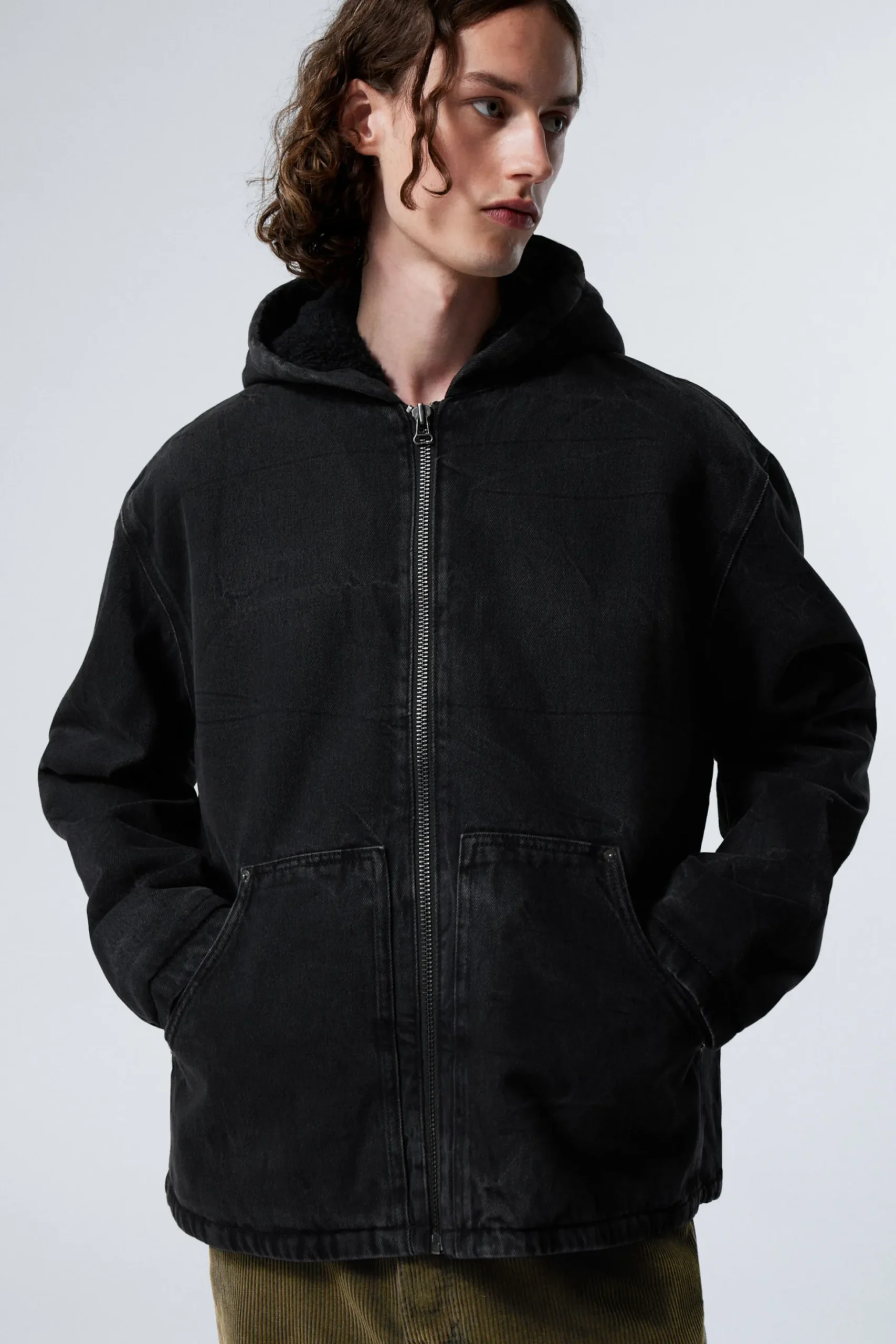 Weekday HOODED DENIM PILE JACKET black tie Best Sale