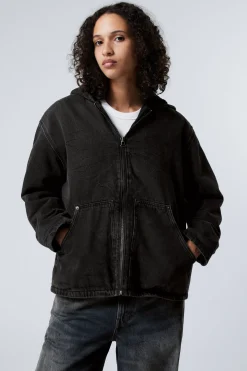 Weekday HOODED DENIM PILE JACKET black tie Best Sale