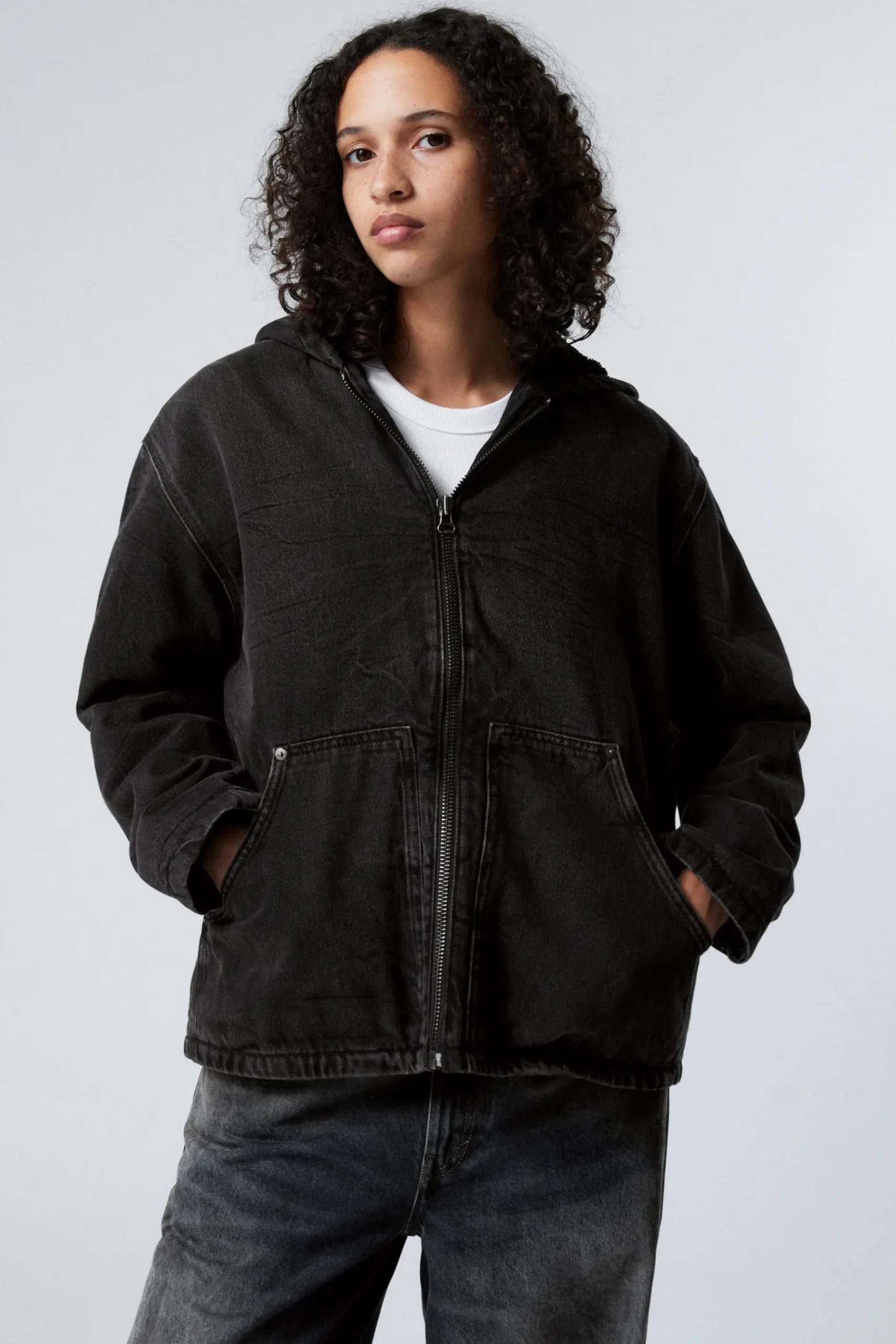 Weekday HOODED DENIM PILE JACKET black tie Best Sale