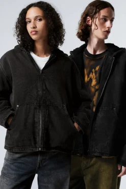 Weekday HOODED DENIM PILE JACKET black tie Best Sale