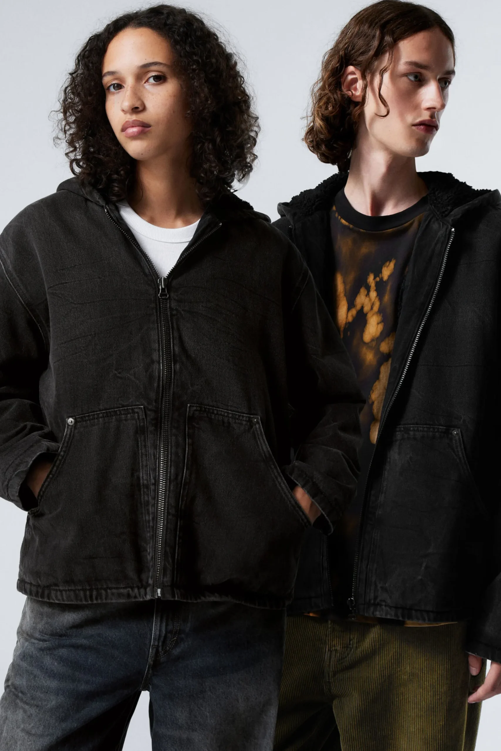 Weekday HOODED DENIM PILE JACKET black tie Best Sale
