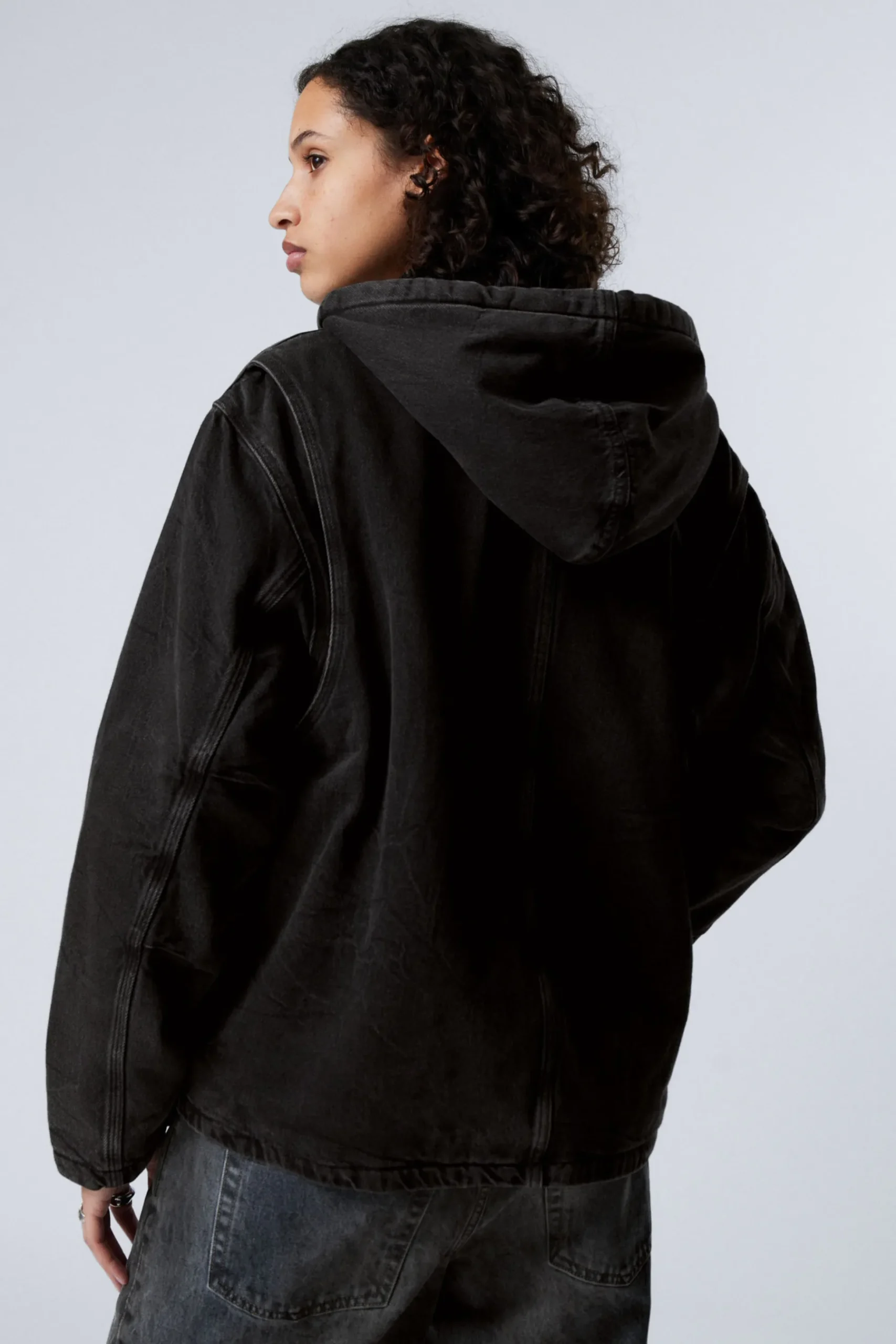 Weekday HOODED DENIM PILE JACKET black tie Best Sale