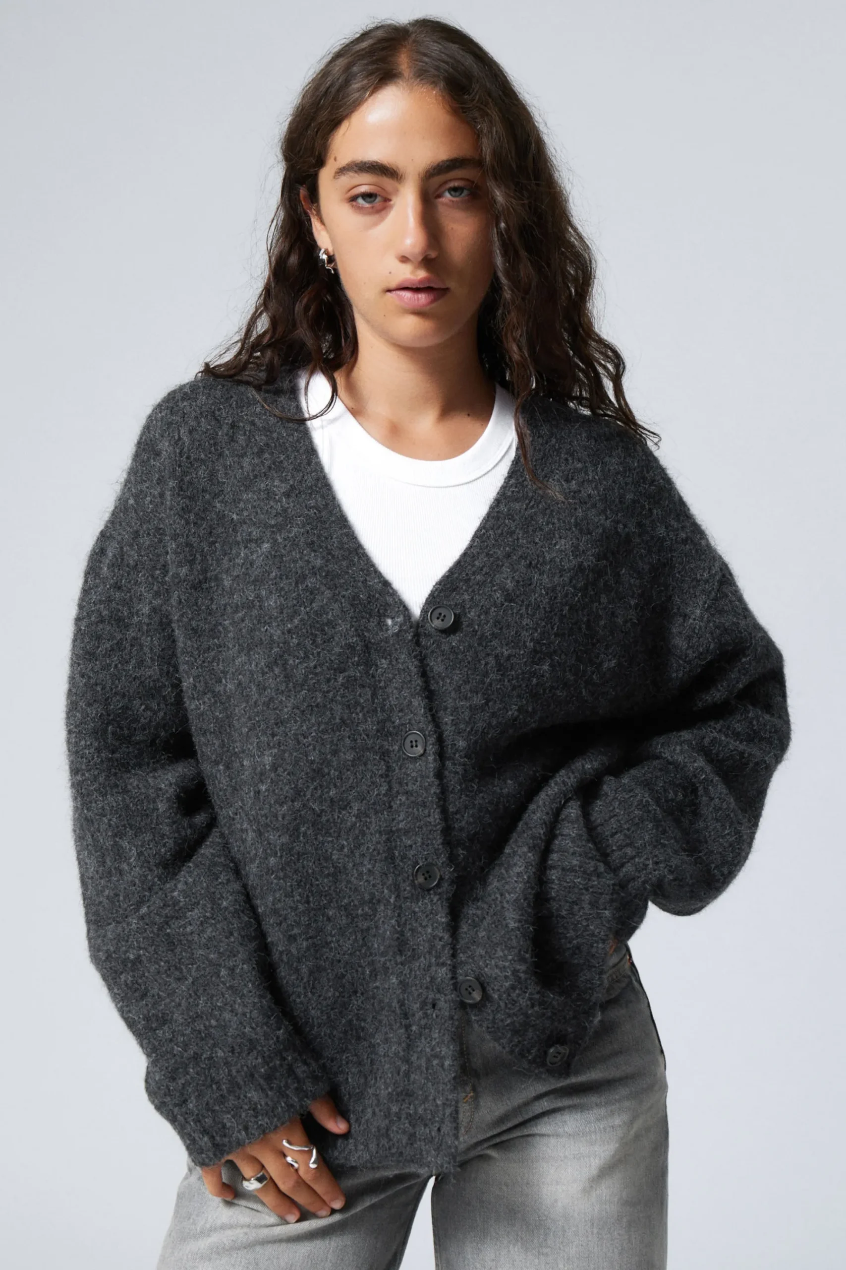 Weekday KNITTED SINGLE-BREASTED CARDIGAN dark grey melange Shop