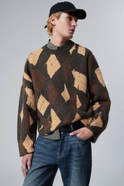 Weekday KNITTED TWISTED ARGYLE SWEATER dark grey brown argyle New