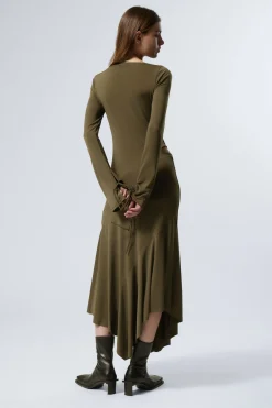 Weekday LONG-SLEEVED ASYMMETRIC DRAPED DRESS dark khaki green Sale