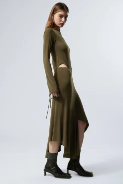 Weekday LONG-SLEEVED ASYMMETRIC DRAPED DRESS dark khaki green Sale