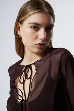 Weekday LONG-SLEEVED MESH TIE TOP dark plum Discount