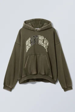 Weekday LOOSE GRAPHIC HEAVYWEIGHT HOODIE dark khaki green heartbeat Outlet