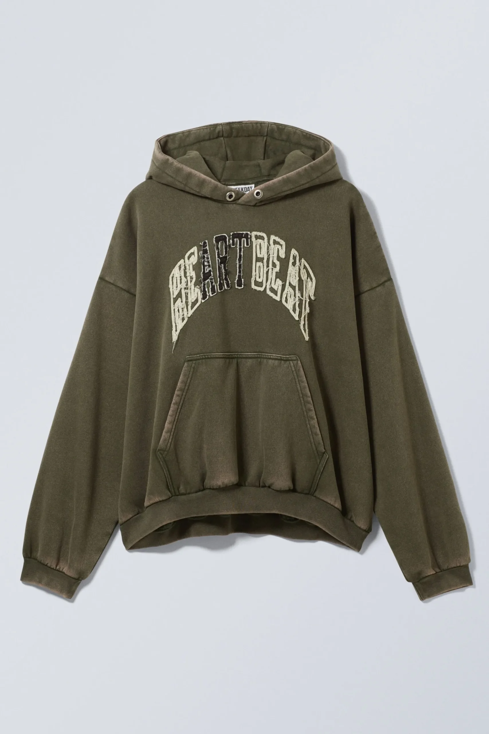 Weekday LOOSE GRAPHIC HEAVYWEIGHT HOODIE dark khaki green heartbeat Outlet