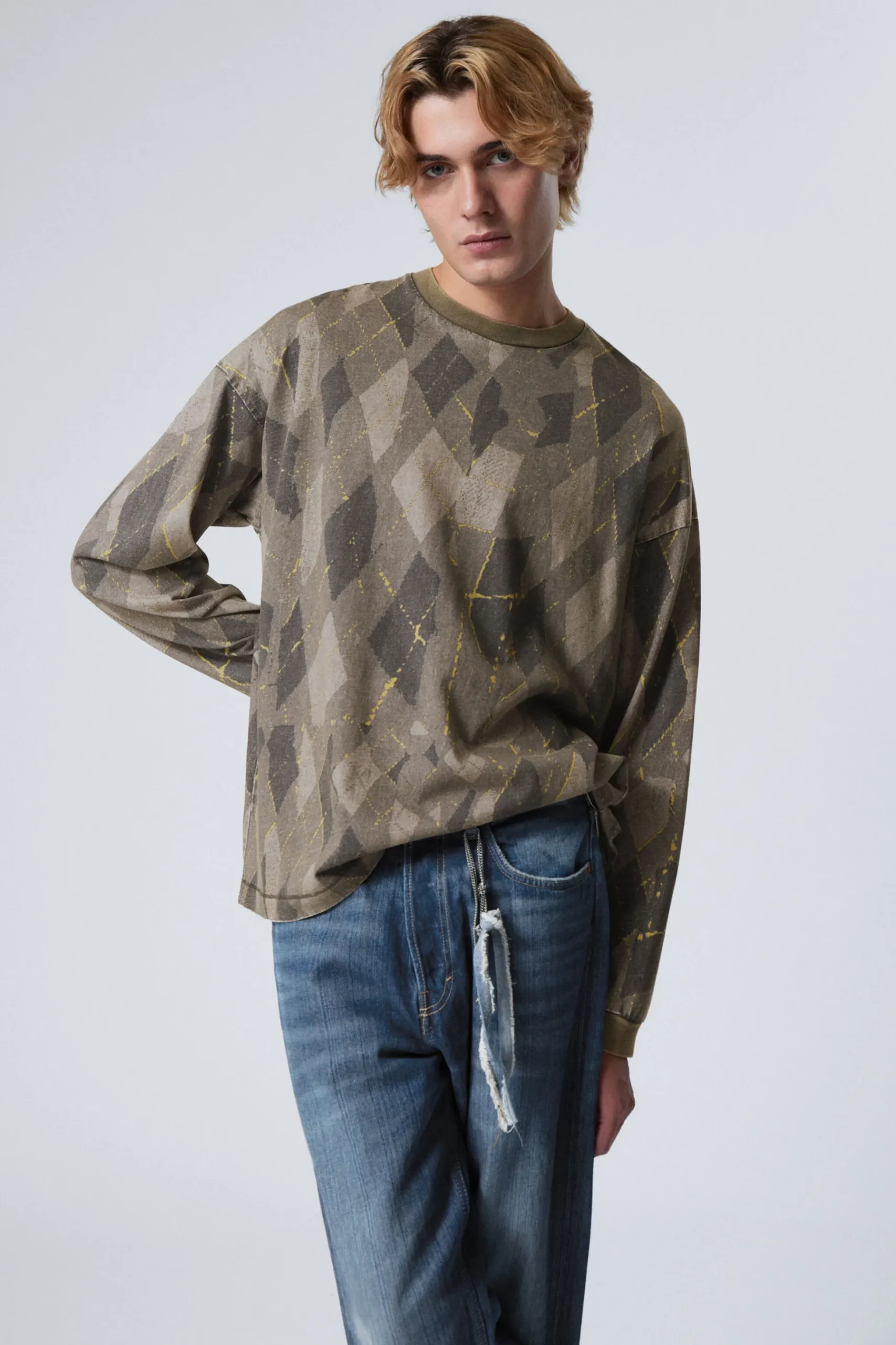 Weekday LOOSE GRAPHIC LONG SLEEVE T-SHIRT dark mole wobbly argyle New