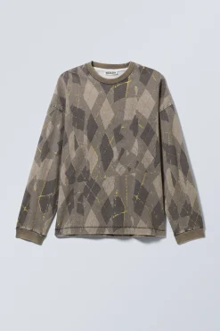 Weekday LOOSE GRAPHIC LONG SLEEVE T-SHIRT dark mole wobbly argyle New