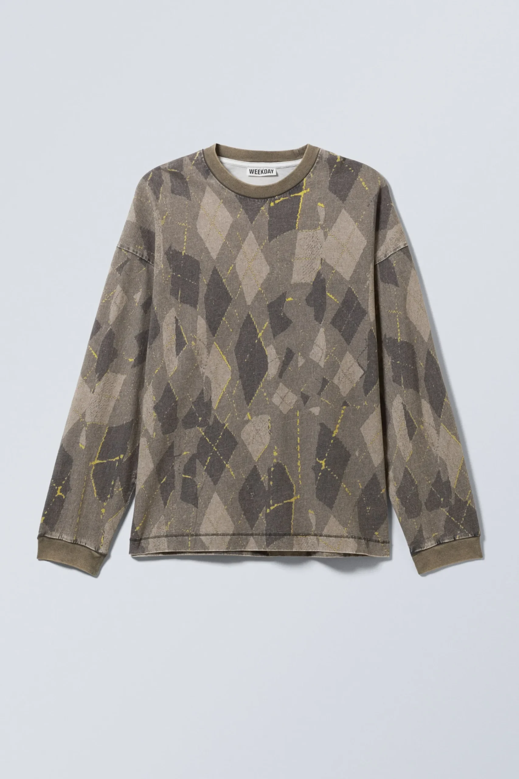 Weekday LOOSE GRAPHIC LONG SLEEVE T-SHIRT dark mole wobbly argyle New