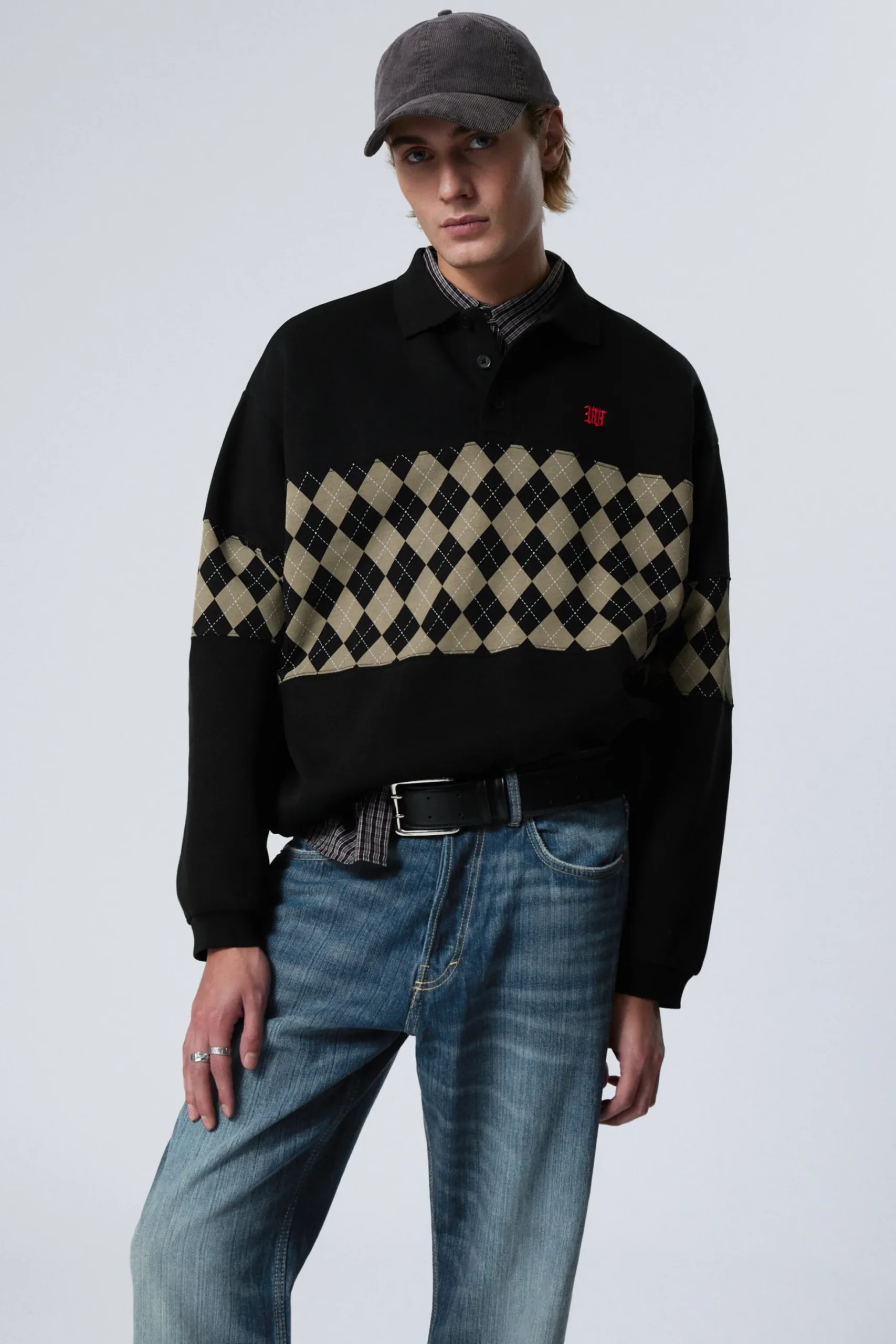 Weekday LOOSE GRAPHIC POLO SWEATSHIRT black argyle insert New