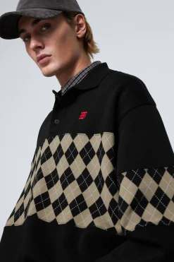 Weekday LOOSE GRAPHIC POLO SWEATSHIRT black argyle insert New