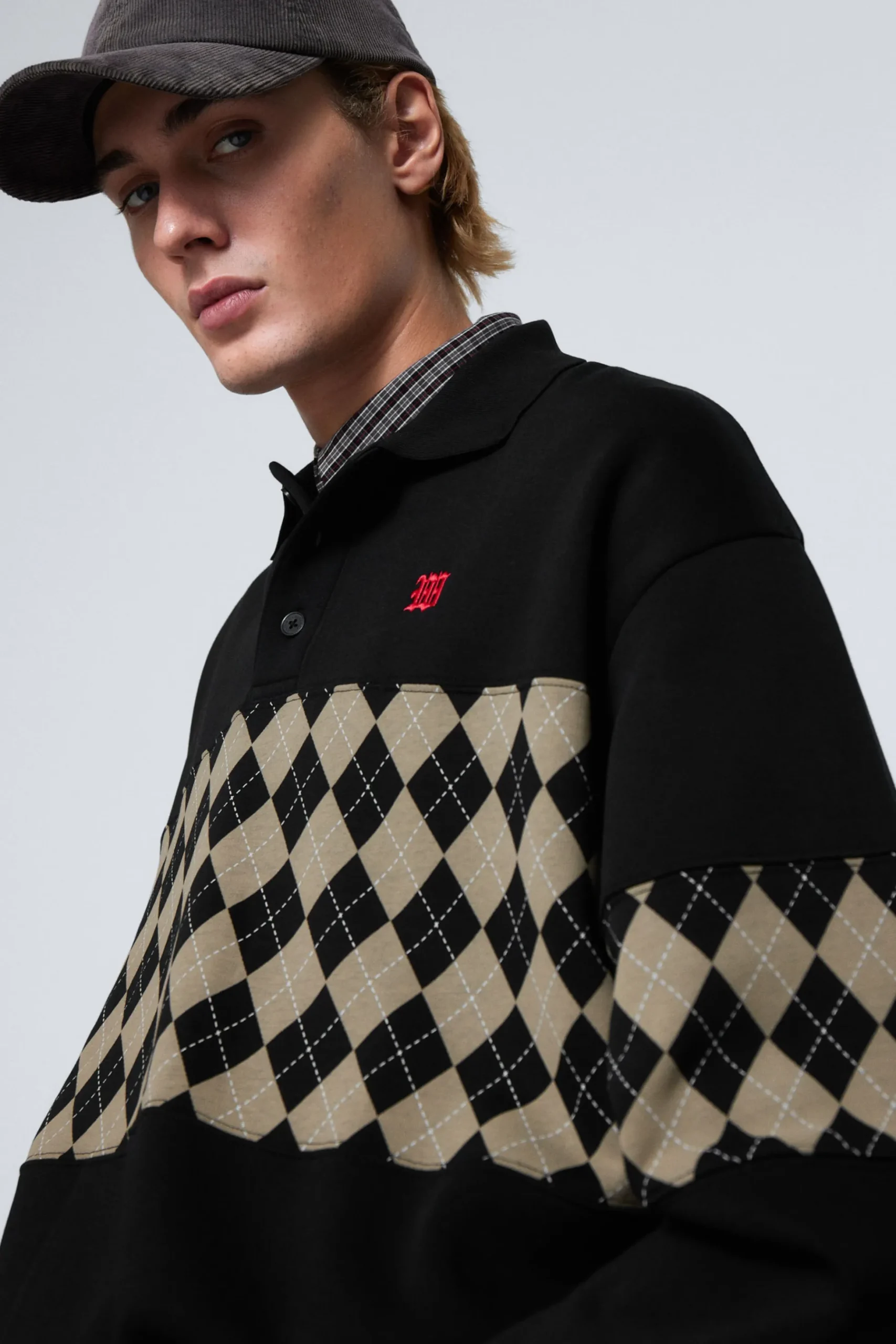 Weekday LOOSE GRAPHIC POLO SWEATSHIRT black argyle insert New