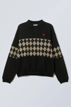 Weekday LOOSE GRAPHIC POLO SWEATSHIRT black argyle insert New