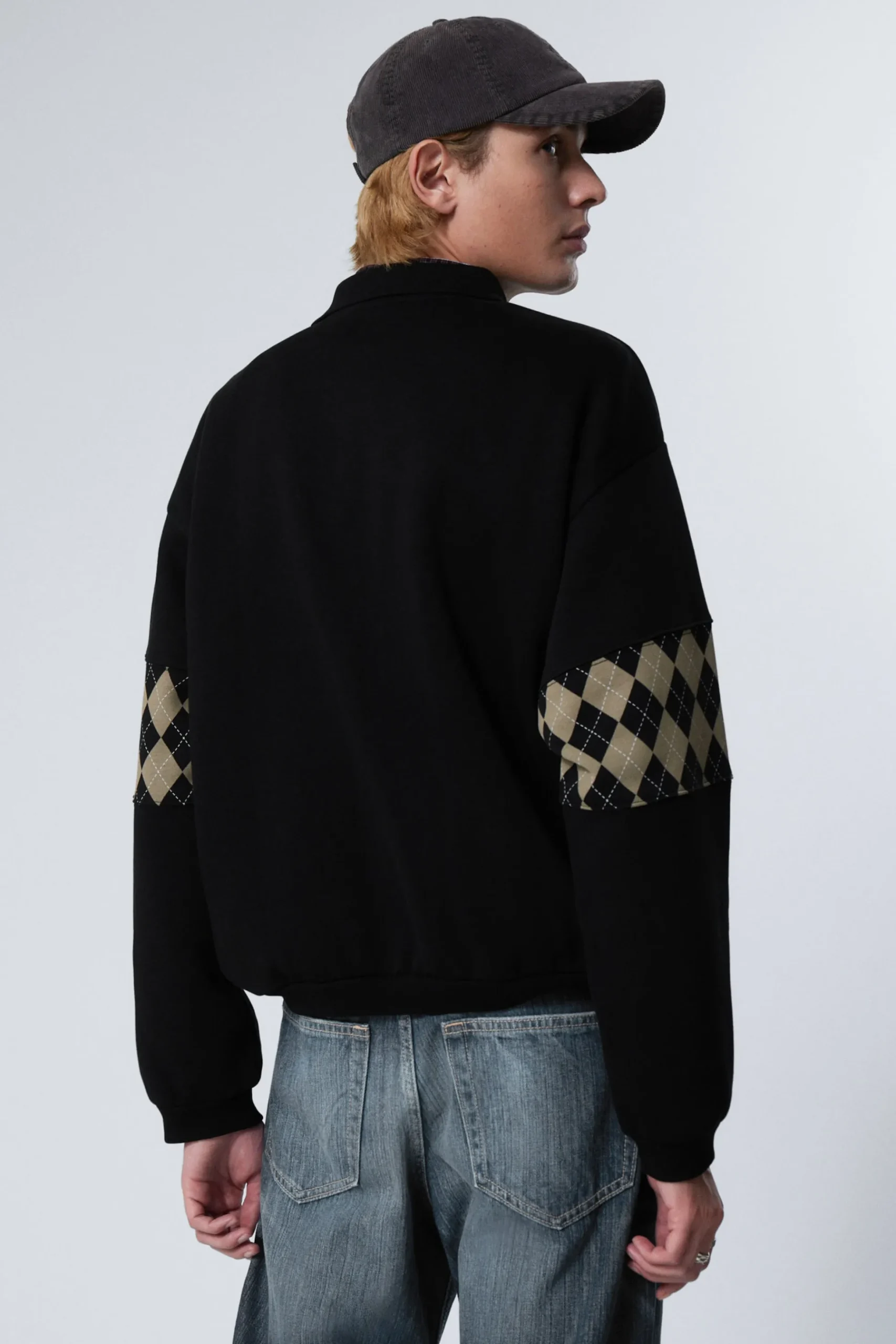 Weekday LOOSE GRAPHIC POLO SWEATSHIRT black argyle insert New