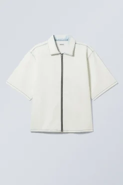 Weekday LOOSE SHORT SLEEVE DENIM ZIP SHIRT blotch blue New