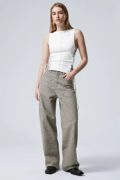 Weekday LOW WAIST LOOSE WIDE LEG EYELET TWILL TROUSERS dusty mole Cheap