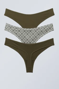 Weekday 3-PACK SOFT THONGS dark khaki green/checked greige Cheap