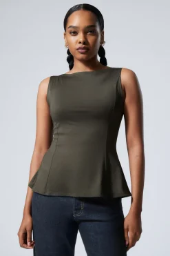 Weekday PEPLUM BOAT-NECK TOP dark khaki green Flash Sale