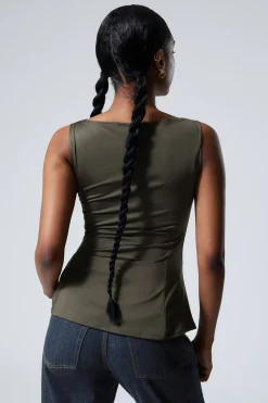 Weekday PEPLUM BOAT-NECK TOP dark khaki green Flash Sale