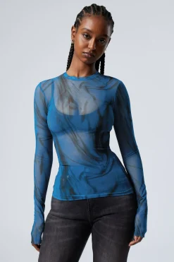 Weekday PRINTED LONG SLEEVE MESH TOP bright blue black strokes Cheap