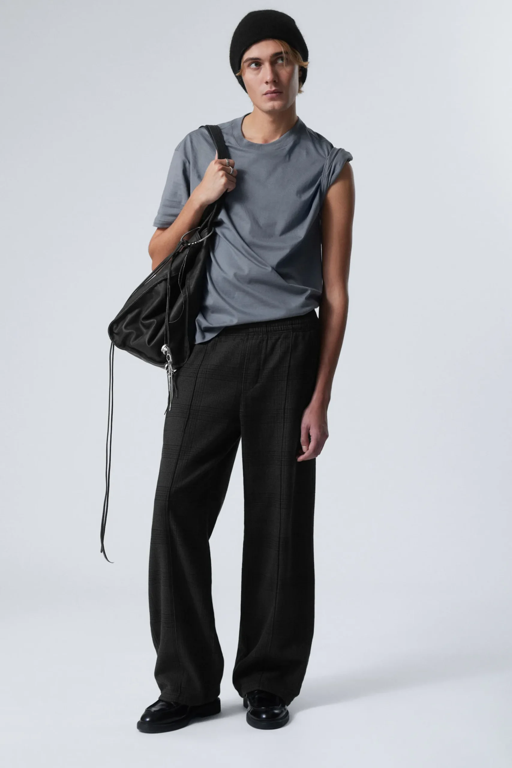 Weekday RELAXED DRAWSTRING SUIT TROUSERS checked black New