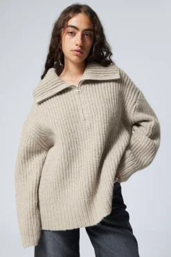 Weekday RIB-KNIT HALF-ZIP TURTLENECK SWEATER dusty beige Store