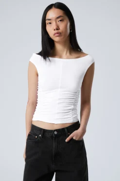Weekday RUCHED OFF SHOULDER TOP white Cheap