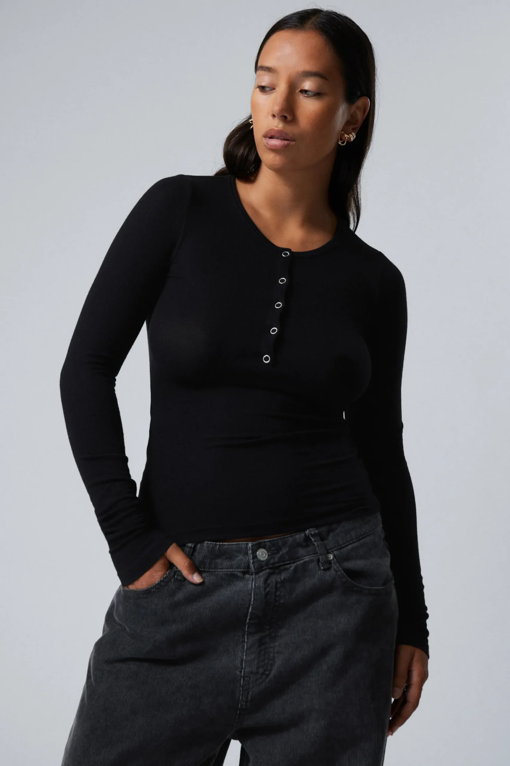 Weekday SHEER RIB LONG SLEEVE HENLEY TOP black Fashion