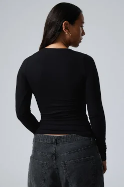 Weekday SHEER RIB LONG SLEEVE HENLEY TOP black Fashion