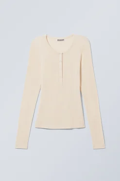 Weekday SHEER RIB LONG SLEEVE HENLEY TOP light beige Best Sale