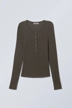 Weekday SHEER RIB LONG SLEEVE HENLEY TOP dark grey Best